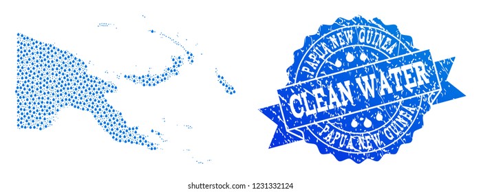 Map of Papua New Guinea vector mosaic and clean water grunge stamp. Map of Papua New Guinea designed with blue water dews. Seal with corroded rubber texture for clean drinking water.