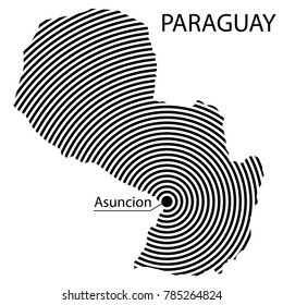Map of Paraguay. Abstract black and white striped map of the country with the design of the capital. Isolated on white background.