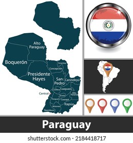 Map of Paraguay with departments and location on South American map. Vector image