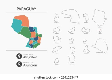 Map of Paraguay with detailed country map. Map elements of cities, total areas and capital.