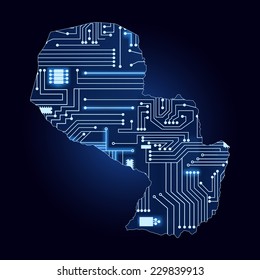 Map of Paraguay with electronic circuit. Contour map of Paraguay with a technological electronics circuit. 