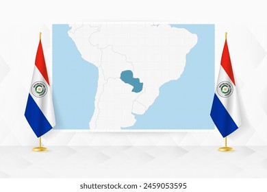 Mapa de Paraguay y banderas de Paraguay en el stand de la bandera. Ilustración vectorial para la reunión de diplomacia.