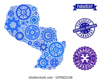 Map of Paraguay formed with blue wheel components, and isolated rubber watermarks for official repair services. Vector abstract mosaic of map of Paraguay with repair symbols in blue shades.