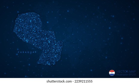 Karte von Paraguay modernes Design mit polygonalen Formen auf dunkelblauem Hintergrund. Business Wireframe Maschendraht Kugeln aus fliegenden Trümmern. Blaues strukturähnliches Vektorgrafik-Konzept.