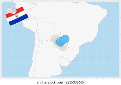 Map of Paraguay with a pinned blue pin. Pinned flag of Paraguay, vector illustration.