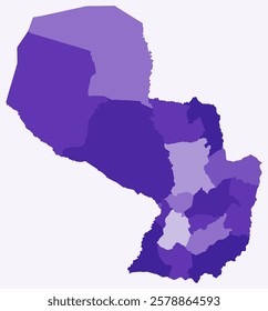 Map of Paraguay with regions. Just a simple country border map with region division. Deep purple color palette. Plain Paraguay shape with administrative division. Vector illustration.