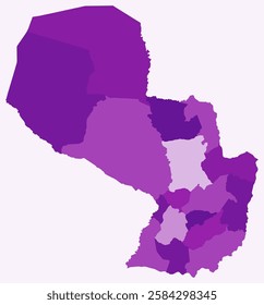 Map of Paraguay with regions. Just a simple country border map with region division. Purple color palette. Flat Paraguay shape with administrative division. Vector illustration.