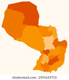 Map of Paraguay with regions. Just a simple country border map with region division. Orange color palette. Plain Paraguay shape with administrative division. Vector illustration.