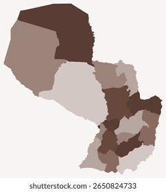 Map of Paraguay with regions. Just a simple country border map with region division. Brown color palette. Blank Paraguay shape with administrative division. Vector illustration.