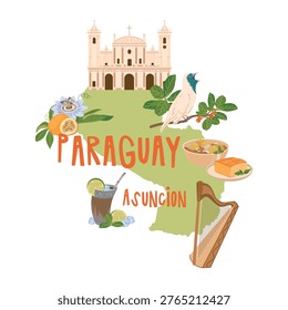 Map of Paraguay and vector national symbols. Singing araponga, terere, Paraguayan soup, and orange granadilla. Guarani harp and Asuncion Cathedral. Landmarks of the republic. Tourism and culture.