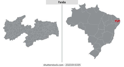 map of Paraiba state of Brazil and location on Brazilian map