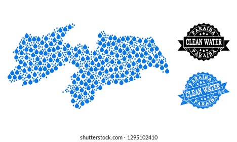 Map of Paraiba State vector mosaic and clean water grunge stamp. Map of Paraiba State composed with blue water drops. Seal with retro rubber texture for pure drinking water.