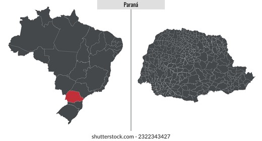 map of Parana state of Brazil and location on Brazilian map