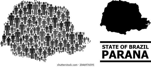 Mapa del estado de Paraná para agitación demográfica. Mosaico demográfico vectorial. Mapa mosaico del estado de Paraná compuesto por íconos sociales. Esquema demográfico en tonos grises oscuros.