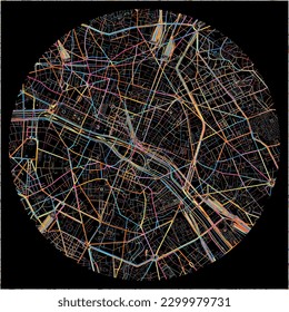 Mapa de París, París con todas las carreteras principales y menores, ferrocarriles y vías fluviales. Coloridas líneas de arte sobre fondo negro.