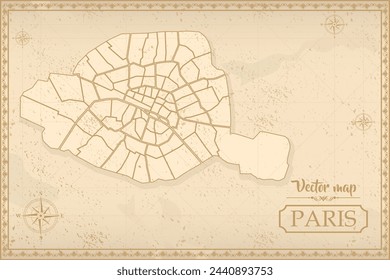 Map of Paris in the old style, brown graphics in retro fantasy style. city in France.