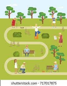 Map of the park with walking Grandpa and grandma. Banner of Retired elderly senior age couple in flat character design. Grandparents with walking stick and wheelchair  outdoor isolated. Vector eps10