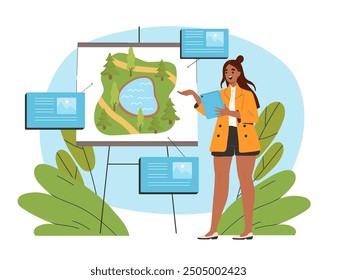 Map of park. Woman near map of city park. Navigation and gps, location. Forest with lake. Information for travelers and tourists. Flat vector illustration isolated on white background