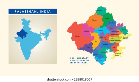 Map of parliament constituencies or Lok Sabha constituencies in the Indian state of Rajasthan along with the map of India.