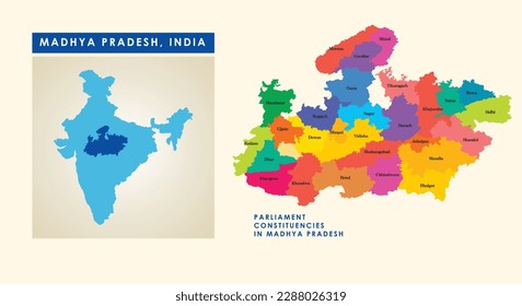 Map of parliament constituencies or Lok Sabha constituencies in the Indian state of Madhya Pradesh along with the map of India.