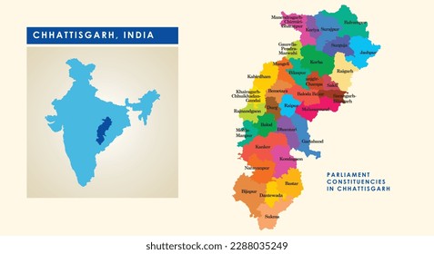 Mapa de circunscripciones parlamentarias o circunscripciones de Lok Sabha en el estado indio de Chhattisgarh junto con el mapa de India.