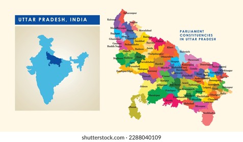 Mapa de circunscripciones parlamentarias o circunscripciones de Lok Sabha en el estado indio de Uttar Pradesh junto con el mapa de India.