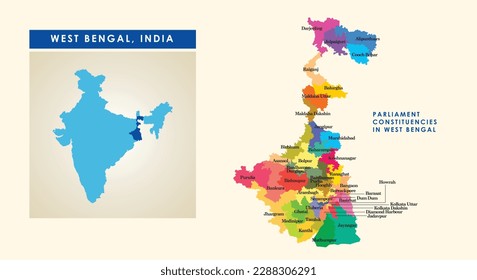 Map of parliament constituencies or Lok Sabha constituencies in the Indian state of West Bengal along with the map of India.