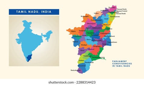 Map of parliament constituencies or Lok Sabha constituencies in the Indian state of Tamil Nadu.