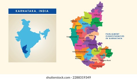 Map of parliament constituencies or Lok Sabha constituencies in the Indian state of Karnataka.