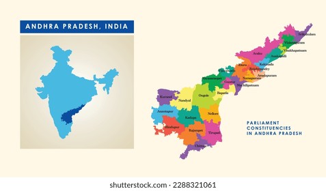 Mapa de circunscripciones parlamentarias o circunscripciones de Lok Sabha en el estado indio de Andhra Pradesh.