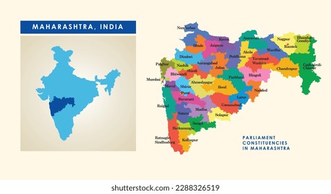 Map of parliament constituencies or Lok Sabha constituencies in the Indian state of Maharashtra.