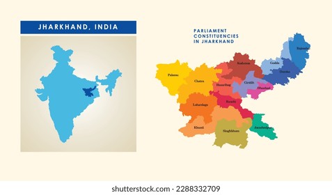 Map of parliament constituencies or Lok Sabha constituencies in the Indian state of Jharkhand.