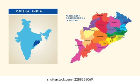 Map of parliament constituencies or Lok Sabha constituencies in the Indian state of Odisha.