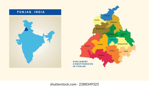 Map of parliament constituencies or Lok Sabha constituencies in the Indian state of Punjab.