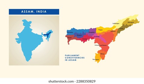 Map of parliament constituencies or Lok Sabha constituencies in the Indian state of Assam.