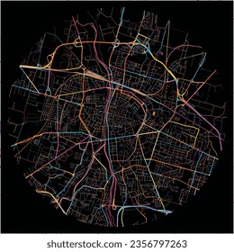 Map of Parma, Emilia-Romagna with all major and minor roads, railways and waterways. Colorful line art on black background.