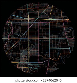 Map of Parma, Ohio with all major and minor roads, railways and waterways. Colorful line art on black background.