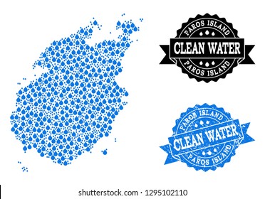 Map of Paros Island vector mosaic and clean water grunge stamp. Map of Paros Island created with blue water raindrops. Seal with scratched rubber texture for clean drinking water.