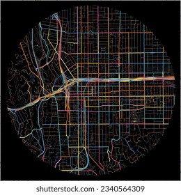 Mapa de Pasadena, California con todas las carreteras principales y menores, ferrocarriles y vías fluviales. Coloridas líneas de arte sobre fondo negro.