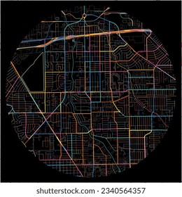 Map of Pasadena, Texas with all major and minor roads, railways and waterways. Colorful line art on black background.
