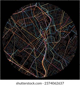 Map of Passaic, New Jersey with all major and minor roads, railways and waterways. Colorful line art on black background.