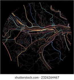 Map of Passau, Bavaria with all major and minor roads, railways and waterways. Colorful line art on black background.