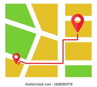 Map of path in city, address, place of delivery, location. Direction of travel. Search for traffic over internet, phone. Vector illustration
