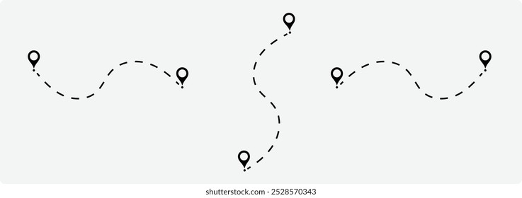 Kartenpfaddistanzsymbol, -punkt, Kartensuche, Route, Routensymbol - zwei Punkte mit gepunktetem Pfad- und Positionsstift. Routenpositionssymbol, zwei Pin-Zeichen und gepunktete Linie. Vektorsymbol "Reisen". 