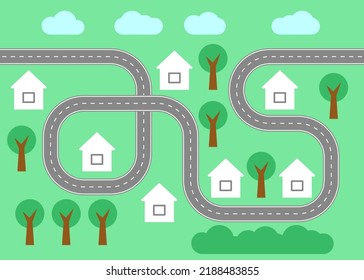 Map path street, road and highway, top view. Road for transport city map. Plan route of race. Track asphalt path and house. Vector illustration
