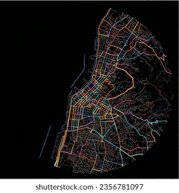 Map of Patras, Western Greece with all major and minor roads, railways and waterways. Colorful line art on black background.