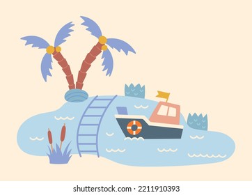 Map pattern with boat. Travel and adventure, water transport. Ship rests on ladder or bridge thrown across river. Educational game for children, learning and training. Cartoon flat vector illustration