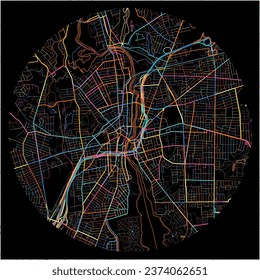 Map of Pawtucket, Rhode Island with all major and minor roads, railways and waterways. Colorful line art on black background.
