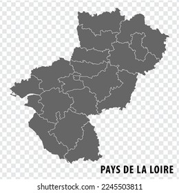 Map Pays de la Loire on transparent background.  Region Pays de la Loire of France map with  districts  in gray for your design. Vector EPS10.