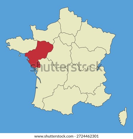 Map of Pays de la Loire on a vector map of France. Regions of France. Vector illustration.